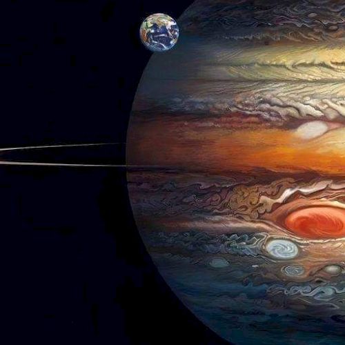 An artistic representation of Jupiter with its Great Red Spot and a smaller planet in the distance against a dark space background.