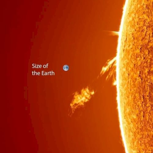 Image shows a part of the sun with solar flares, comparing the Earth's size to the sun, highlighting the sun's immense scale.